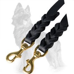 German-Shepherd Braided Leather Dog Coupler Equipped  with Two Brass Snap Hooks