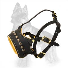 Open Nose And Mouth Area Leather German-Shepherd Dog  Muzzle Decorated With Brass Studs