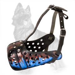 Reliable Leather German-Shepherd Dog Muzzle Paainted  With Blue Flames